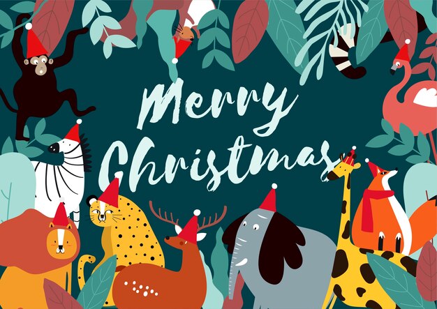 Tierthema-Kartenvektor der frohen Weihnachten