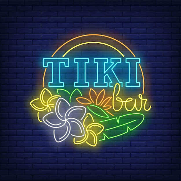 Kostenloser Vektor tiki bar neon text mit blumen