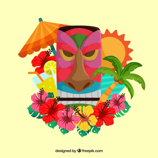 Tiki maske hintergrund mit floralen elementen und regenschirm