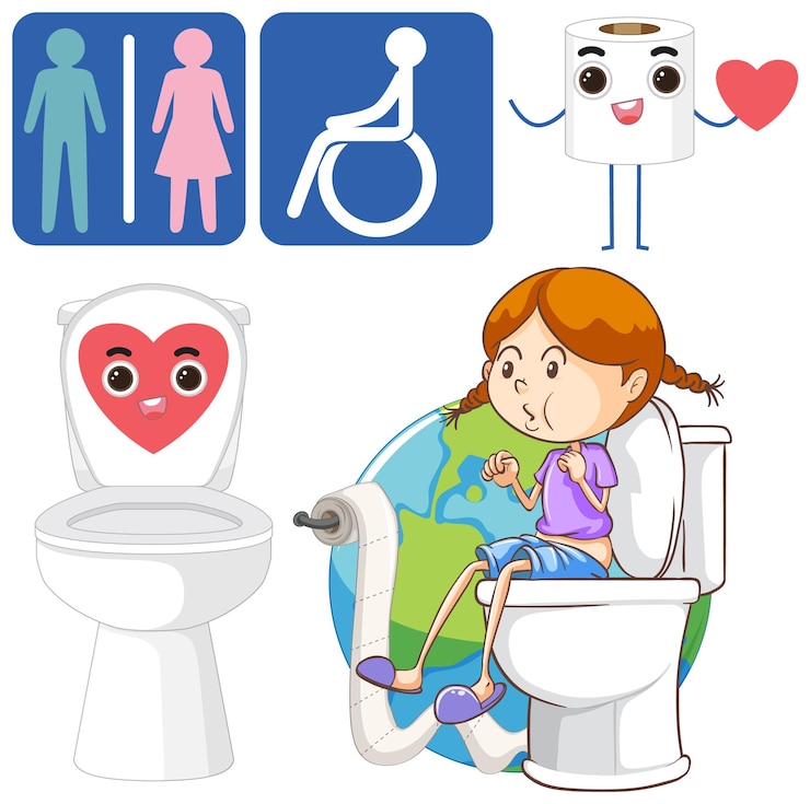 Kostenlose Vektor toiletten-cartoon-icons für badezimmerdekoration und beschilderung
