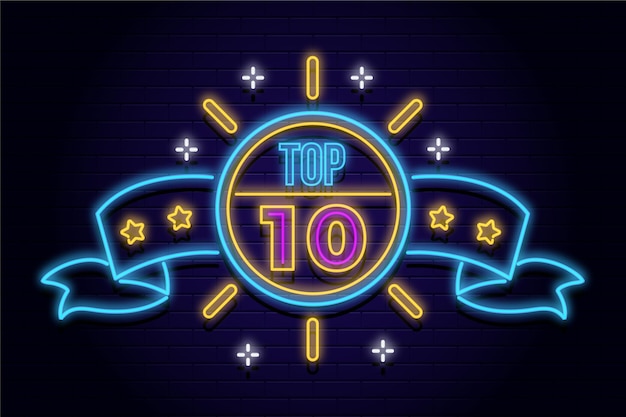 Top Ten Schild mit Neonlichtern