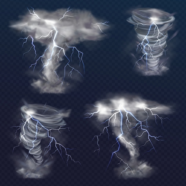 Kostenloser Vektor tornado mit blitzillustration des realistischen blitzlichtblitzes im twisterhurrikan