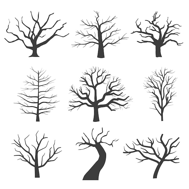 Kostenloser Vektor tote baumsilhouetten. sterbende schwarze unheimliche baumwaldillustration. natürlicher sterbender alter baum des satzes