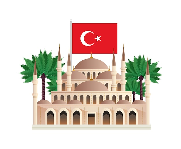 Tourismus-reisezusammensetzung istanbul-türkei mit lokalisierten bildern historischer gebäude mit vektorillustration der türkischen flagge