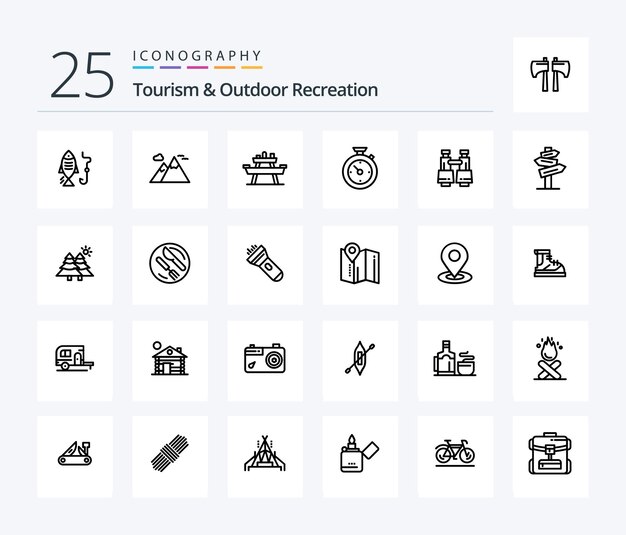 Tourismus und Outdoor-Erholung 25-Zeilen-Icon-Paket einschließlich Fernglas-Zeitbank-Timer-Picknick