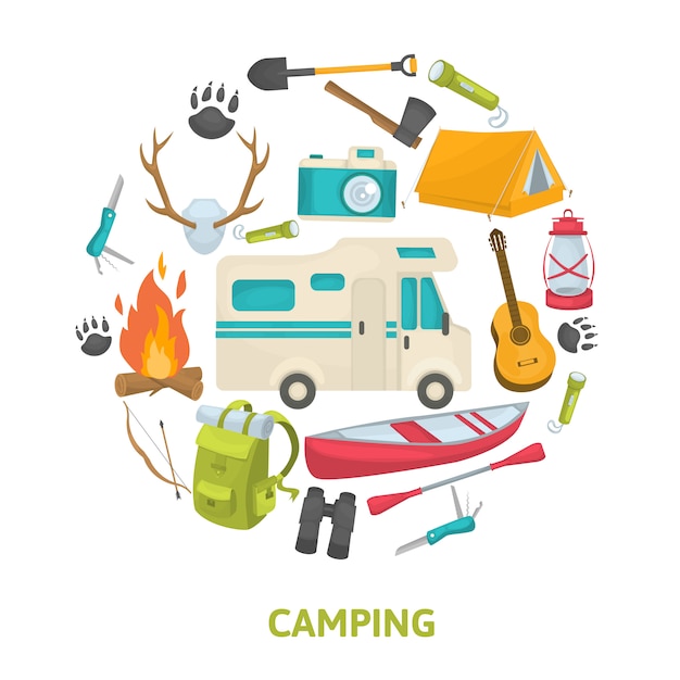 Kostenloser Vektor tourist camping dekorative icons set
