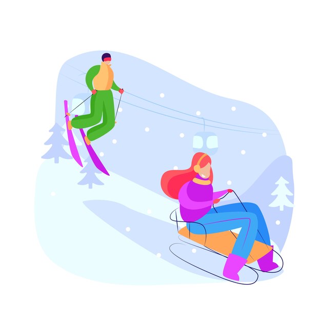 Touristen, die abwärts rodeln und Ski fahren
