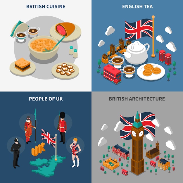 Kostenloser Vektor touristische isometrische 2x2 icons set für großbritannien