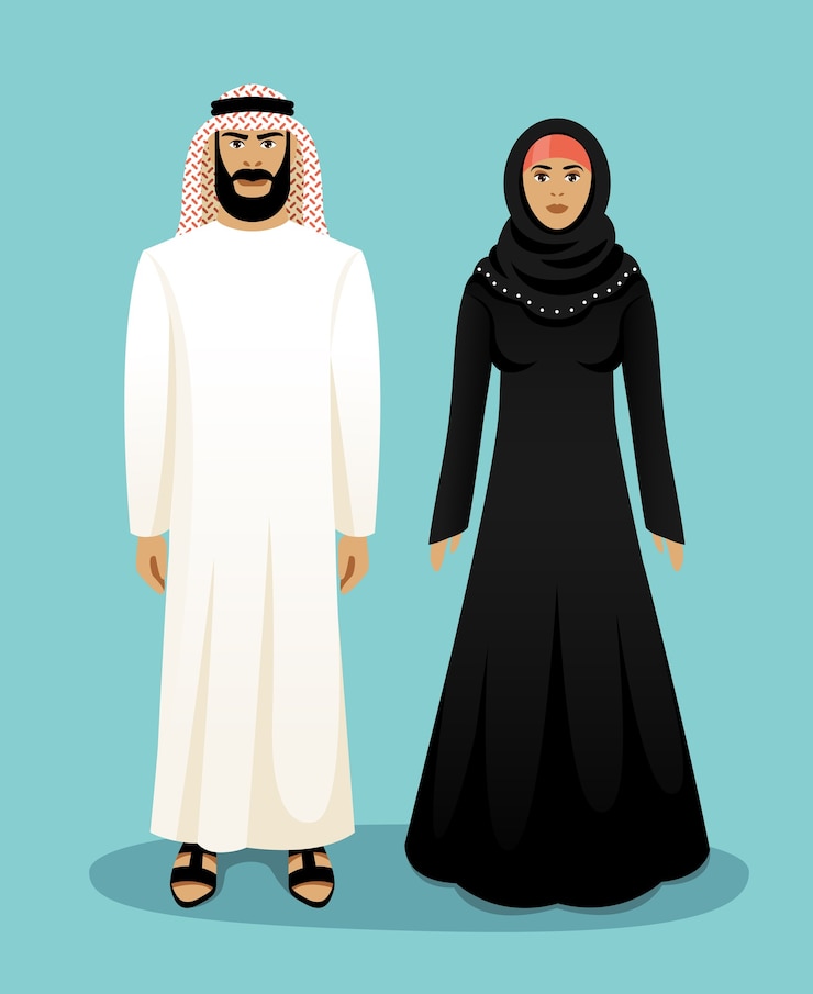 Kostenlose Vektor traditionelle arabische kleidung. arabischer mann und arabische frau. ostmuslim, kultur und kleidung, vektorillustration