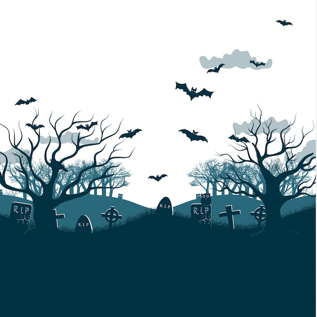 Traditionelle feiertags-halloween-nacht-partyillustration mit zwei toten bäumen, fledermäusen, die über gräber und friedhofskreuze fliegen, graue wolken flach