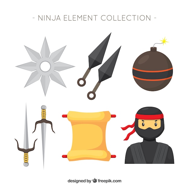 Kostenloser Vektor traditionelle ninja elementsammlung mit flachem design