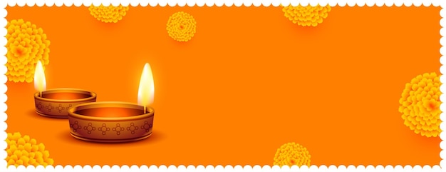 Traditionelle realistische glückliche diwali-blumen und diya-orange-banner