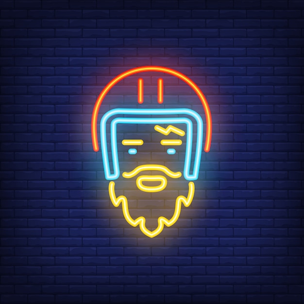 Tragender sturzhelm des bärtigen radfahrers auf ziegelsteinhintergrund. neon-artillustration.