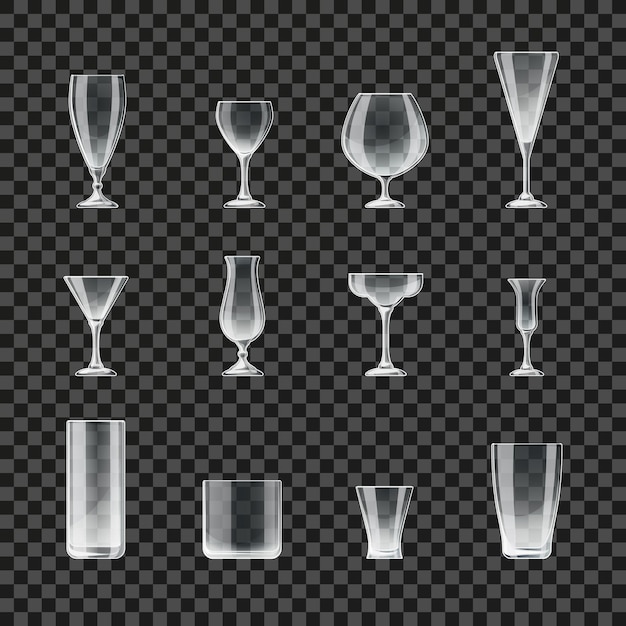Transparente symbole für gläser und becher. glas für cocktail und champagner, illustration von gläsern für bier und whisky