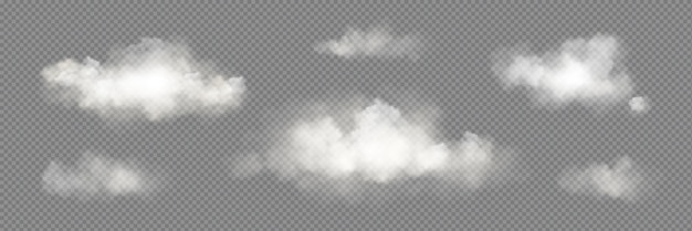 Kostenloser Vektor transparenter vektor, weißer wolkenhimmel, realistisches set, nebel, rauch, png-textur, isoliertes design, abstrakter trüber lufteffekt mit tageslicht-icon-sammlung, 3d-schöne naturatmosphäre, dampf, rauchiger dampf