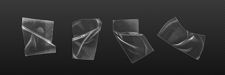 Kostenlose Vektor transparentes, klares, breites klebeband-aufkleber-etikett aus kunststoff, selbstklebend, realistische papierstruktur, 3d-vektor-attrappe, klebriges leim-overlay-stück, mock-up-vorlagensatz, altes klebeband mit luftblase und faltensymbol