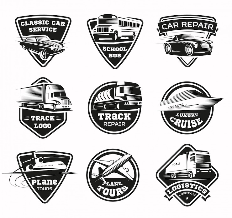 Kostenlose Vektor transportmodi monochromes emblem-set