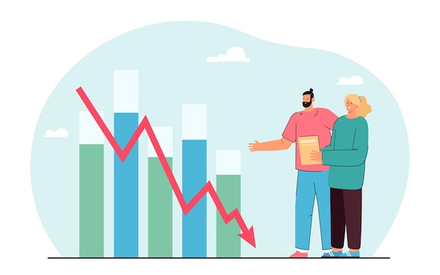 Kostenloser Vektor traurige geschäftsleute, die das finanzielle balkendiagramm betrachten, das nach unten geht. pfeil nach unten, gewinnverlust flachbild vector illustration. finanzen, wirtschaft, krisenkonzept für banner, website-design oder landing-webseite