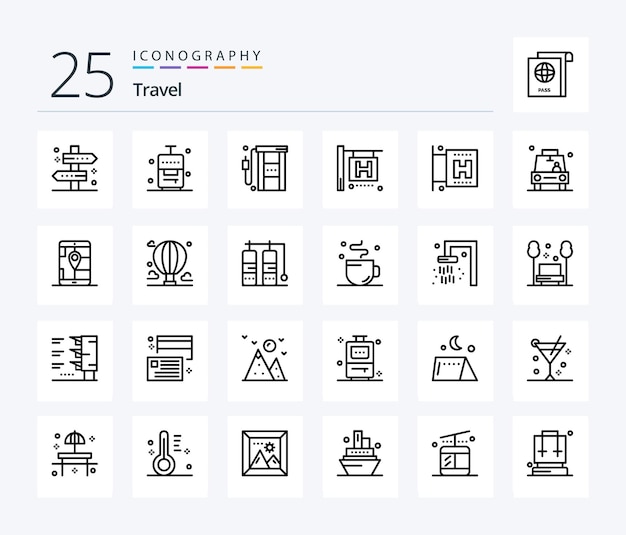 Travel 25 line icon pack inklusive autoreise urlaub hotelschild öl