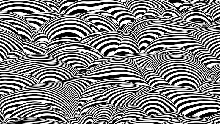 Kostenlose Vektor trendige 3d-schwarz-weiß-streifen verzerrter hintergrund abstrakte rauschlandschaft prozeduraler wellenhintergrund mit optischem täuschungseffekt