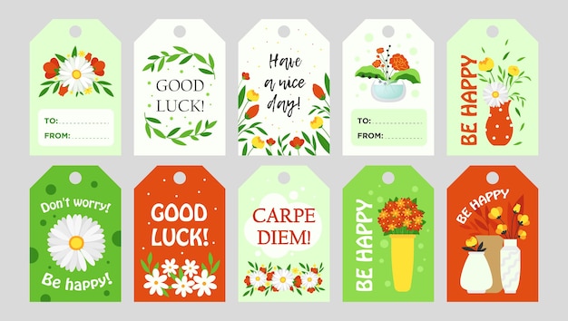 Kostenloser Vektor trendy tags design mit blumen. helle grafische elemente mit begrüßungstext und floralen elementen. floristik und florist family shop konzept. vorlage für grußetiketten oder einladungskarte