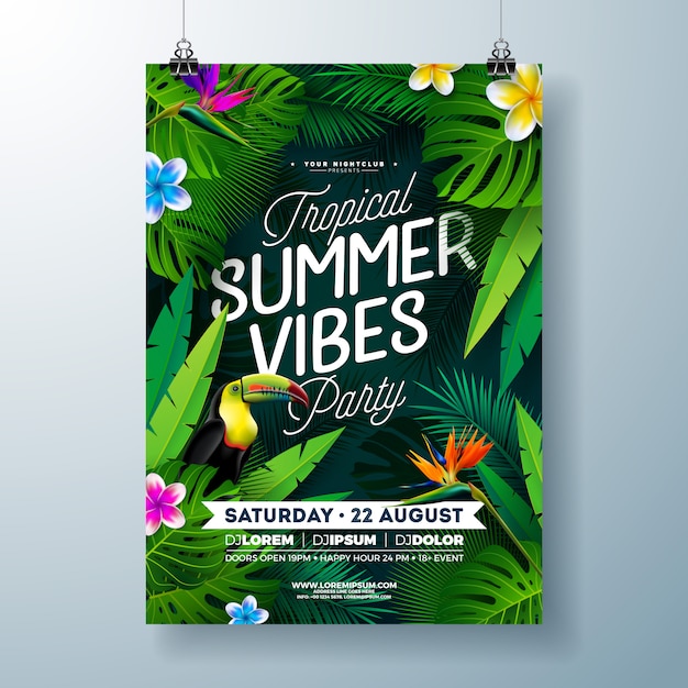 Tropical summer vibes party flyer design mit blume, tropischen palmblättern und tukanvogel auf dunklem hintergrund. summer beach celebration vorlage