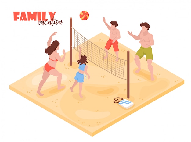 Tropische feiertage des isometrischen strandhauses mit menschlichen charakteren von familienmitgliedern, die volleyball mit textvektorillustration spielen