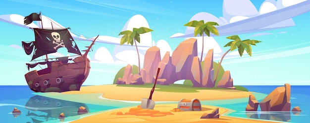Tropische Insel mit Schatzkiste und zerbrochener Piratenschiff-Cartoon-Meerlandschaft mit Segelboot nach Schiffbruch mit Totenkopf auf schwarzen Segelpalmen und Goldmünzen auf unbewohnter Insel