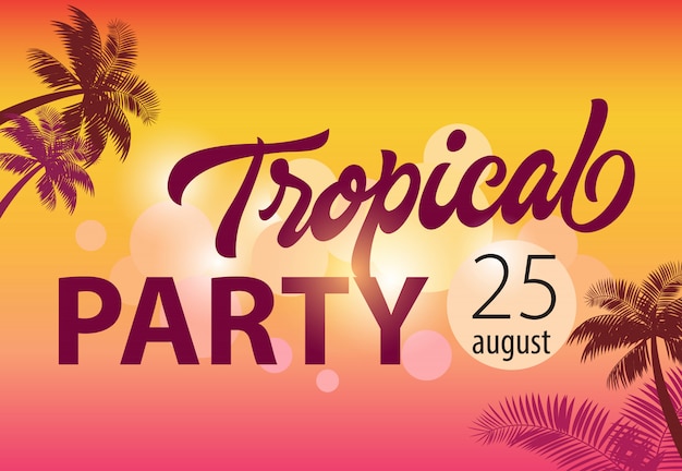 Tropische party, im august fünfundzwanzig flieger mit palmenschattenbildern und sonnenuntergang im hintergrund.