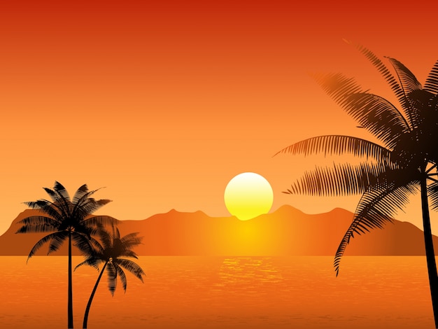 Kostenloser Vektor tropische sonnenuntergang szene mit palmen