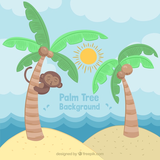 Kostenloser Vektor tropischer hintergrund mit palmen und ein netter affe
