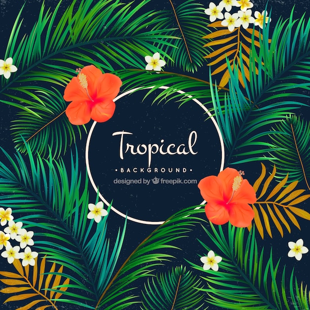 Tropischer Hintergrund von Palmen und Blumen