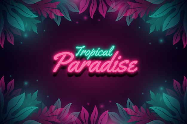 Tropischer neon-schriftzug mit blättern oder blüten