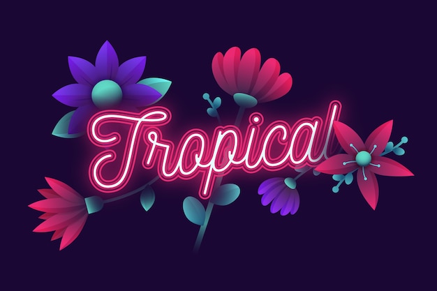 Tropischer Neon-Schriftzug mit Blumen