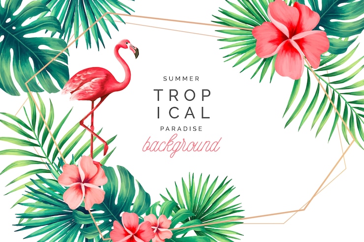 Kostenlose Vektor tropischer paradies-hintergrund mit flamingo