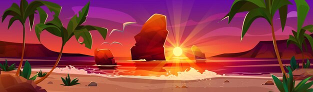 Tropischer Sonnenuntergangstrand mit Palmen