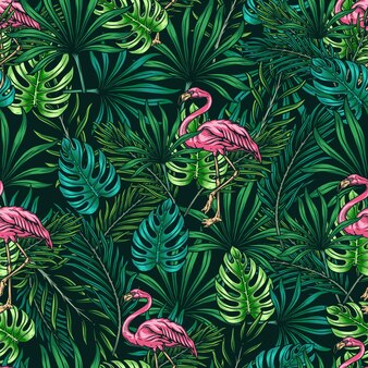 Tropisches buntes nahtloses muster mit rosa flamingogrünem monstera und palmblättern