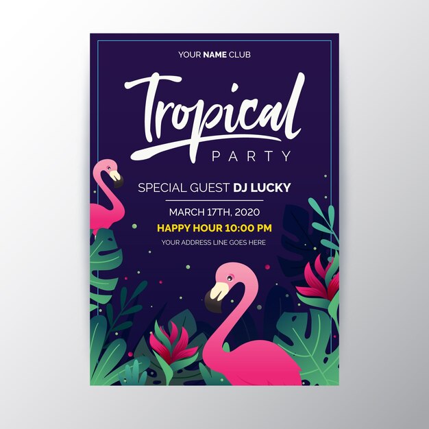 Tropisches partyplakat mit blättern und flamingo