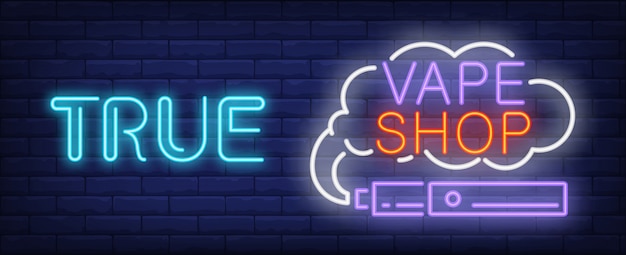 True Vape Shop Leuchtreklame. Purpurrote elektronische Zigarette mit Rauchwolke.