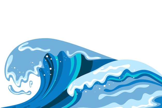 Tsumani-wellenhintergrund im flachen cartoon-stil. großes blaues tropisches wasserspritzen mit weißem schaum vektor-illustration