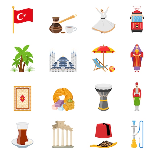 Türkei flach farbige icons set