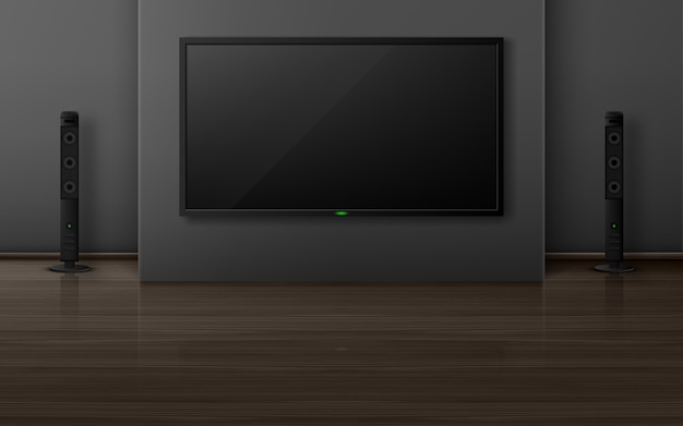 Tv-set mit dynamik im wohnzimmer interieur, heimkinosystem mit fernseher an der wand, leere hauswohnung mit holzboden. wohnungsdesignvisualisierung, realistische 3d-illustration