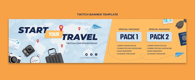 Twitch-Banner-Vorlage für Reisebüros im flachen Design