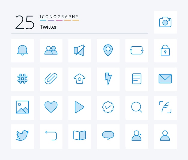 Kostenloser Vektor twitter 25 blue color icon pack, einschließlich sets front-off-back-position