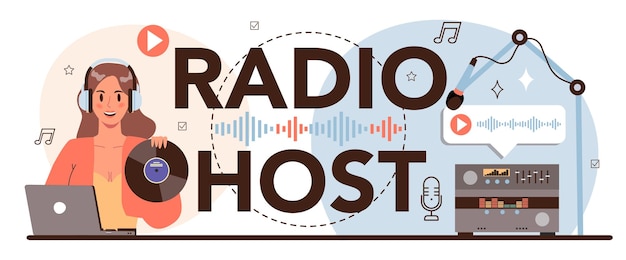 Typografische Kopfzeile des Radiomoderators Idee der Nachrichtensendung im Studio Radio-DJ interviewt eine Person Podcasting über das Mikrofon Flache Vektordarstellung