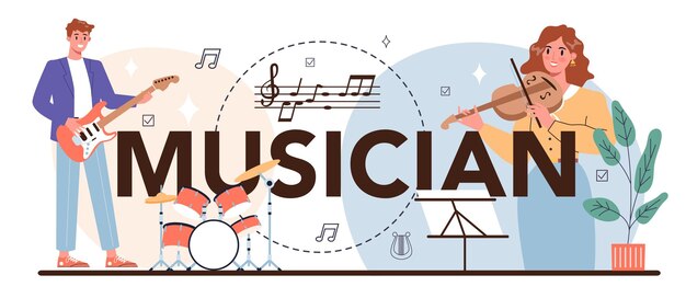 Typografischer Header des Musikers Musikkünstler, der Instrumente spielt Junger Performer, der mit professioneller Ausrüstung Musik macht Talentierte Bandperformance Flache Vektorgrafik