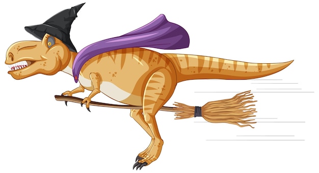 Tyrannosaurus rex Dinosaurier, der auf Besenstiel im Cartoon-Stil reitet