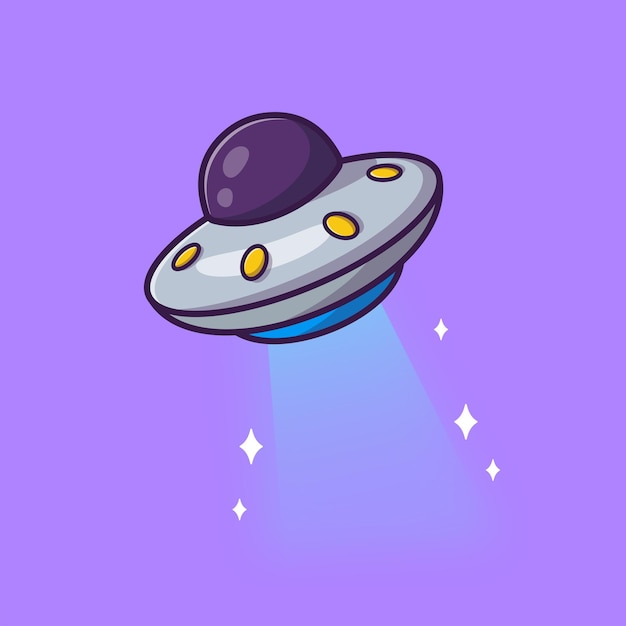 Ufo, fliegen, in, raum, karikatur, vektor, symbol, illustration. wissenschaft, technologie, symbol, begriff, freigestellt, flat