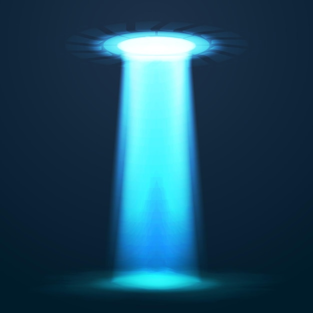 UFO-Licht. Außerirdische Himmelsstrahlen. Ufo Raumschiff mit Strahl, Untertasse UFO fliegende Illustration