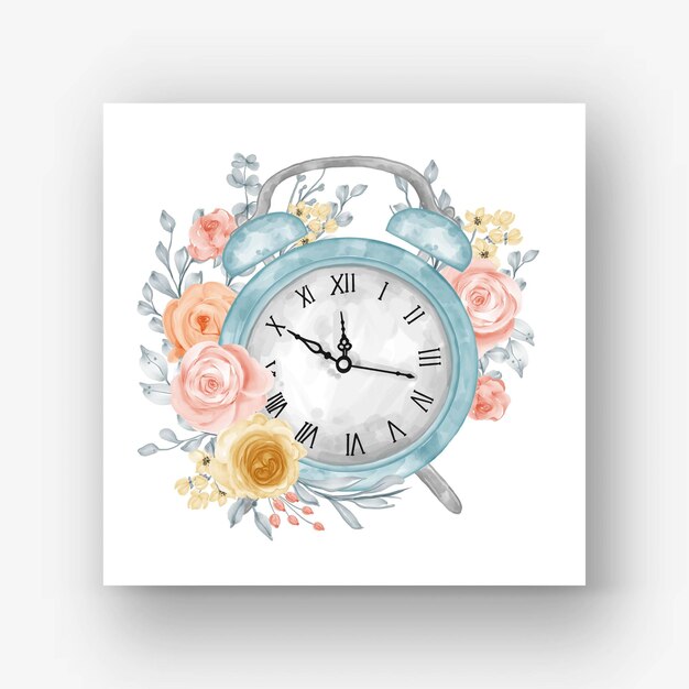 Uhr-Wecker-Blumen-Aquarellillustration